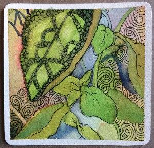 Zentangle-inspired watercolor of basil plant
