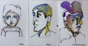 ink and watercolor sketch of three faces