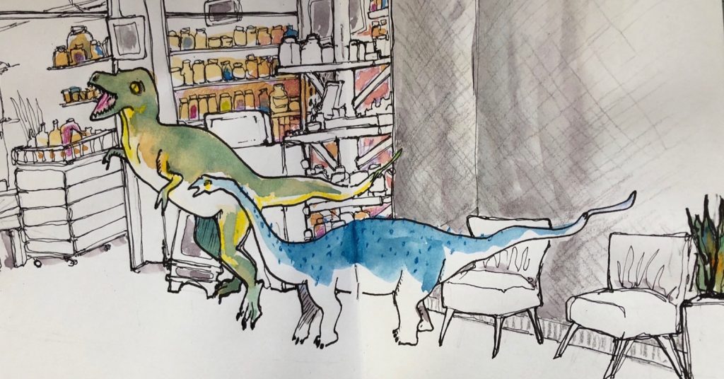 sketch of two chatting dinosaurs
