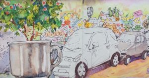 composite watercolor image of cars, a cup, and orange trees